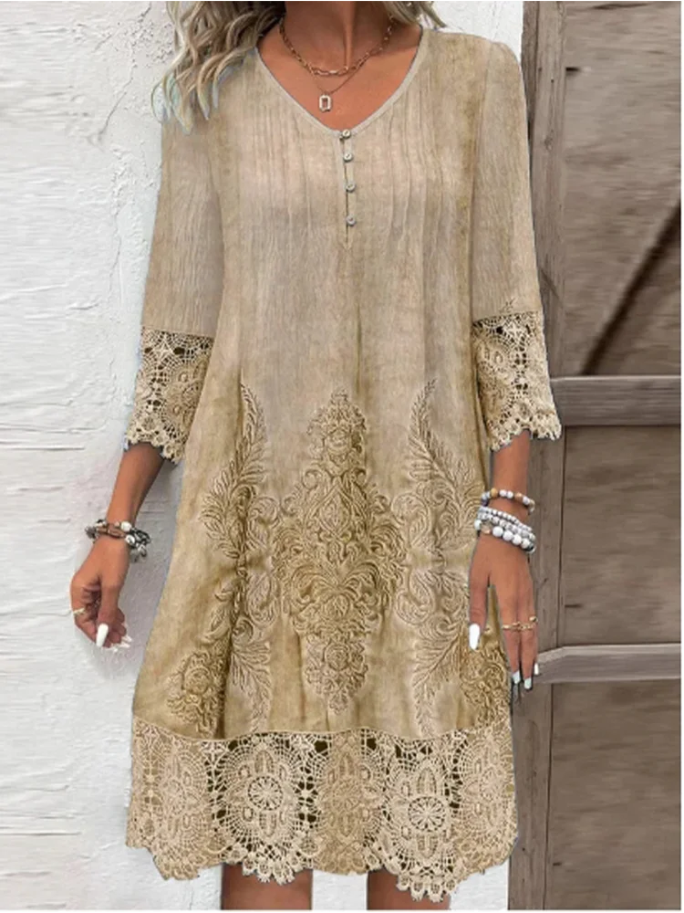Color: Blue, Size: M - Lace Printed Short Sleeved Button V-neck Women's Dress Elegant Casual Fashionable High Street Spring Dresses