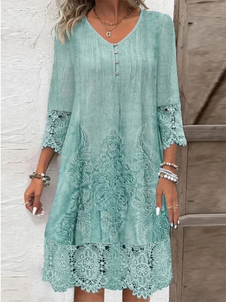 Color: Blue, Size: M - Lace Printed Short Sleeved Button V-neck Women's Dress Elegant Casual Fashionable High Street Spring Dresses