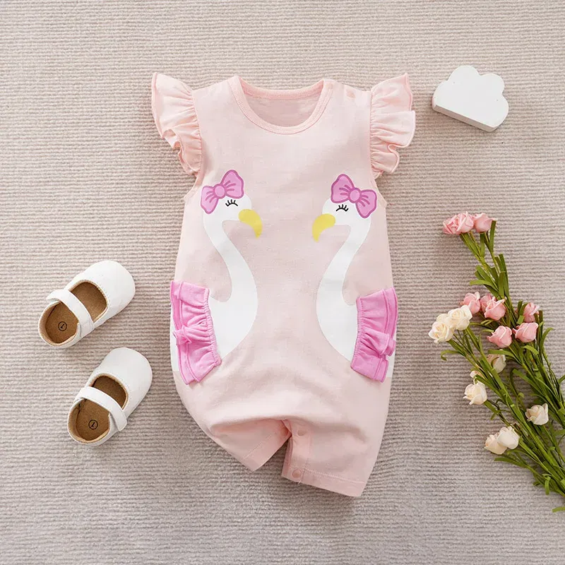 Color: Pink, Kid Size: 6M - Summer Fashion Girl Cute Cartoon Swan Cotton Comfortable Casual Sleeveless Round Neck Baby Bodysuit
