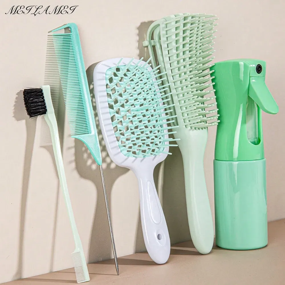 Color: Black - 5 Pcs/Set Hair Brush Detangling Brush Scalp Massage Hair Comb Green  Adjust Octopus Curly Comb Women Detangle Hairbrush Salon