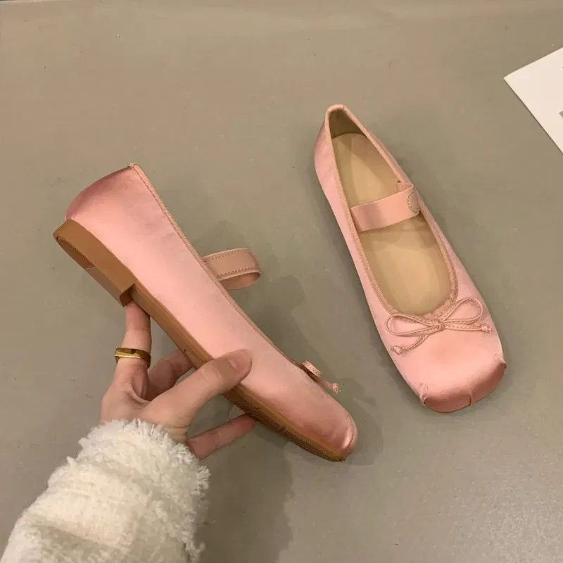 Color: SKY BLUE, Shoe Size: 37 - 2023Luxury Satin Silk Ballet Shoes Woman Classic Square Toe Bowtie Elastic Band Ballerina Flats Ladies Soft Loafers