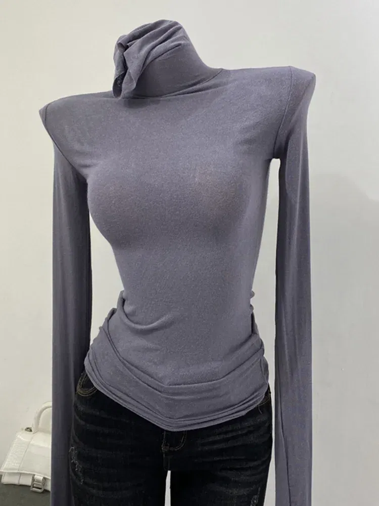 Color: green, Size: One Size - Thin Soft American Long Sleeve T-shirt High Stacked Neck Tight Perspective Bottom Shirt Women's Slim Fit Tops Sexy Streetwear