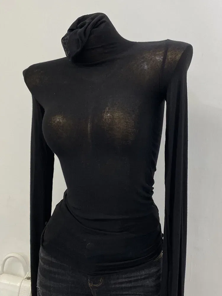 Color: green, Size: One Size - Thin Soft American Long Sleeve T-shirt High Stacked Neck Tight Perspective Bottom Shirt Women's Slim Fit Tops Sexy Streetwear