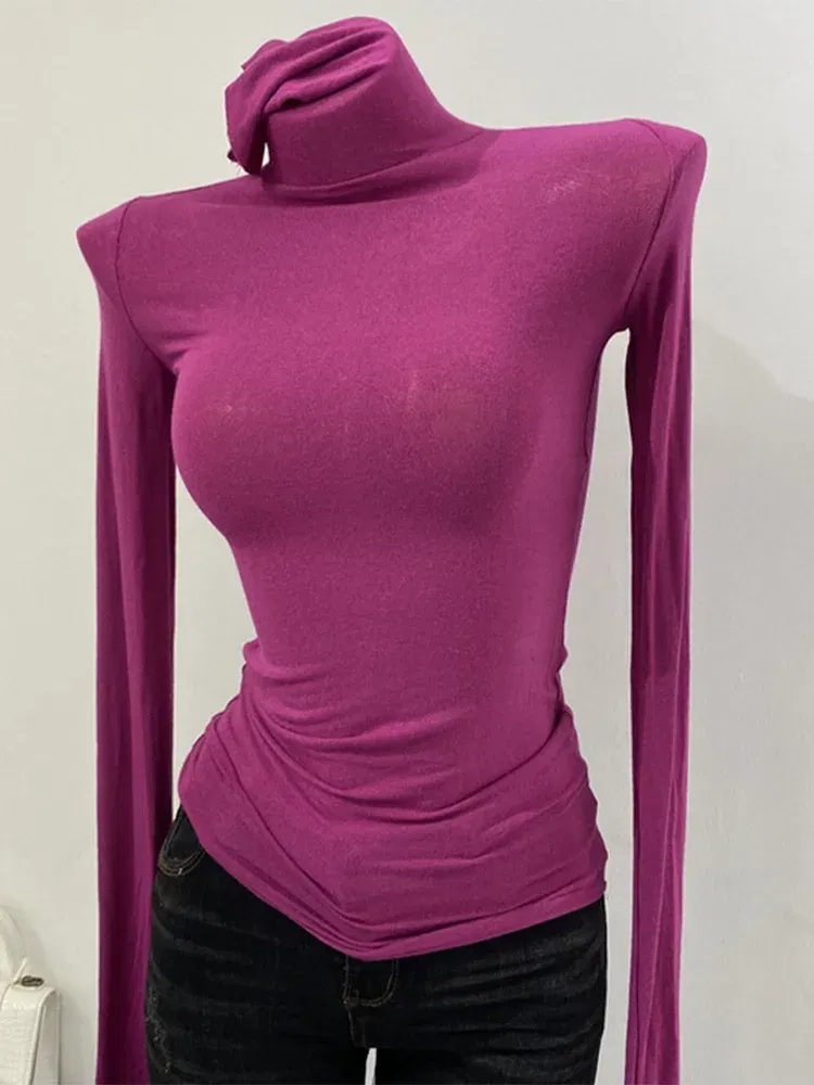 Color: green, Size: One Size - Thin Soft American Long Sleeve T-shirt High Stacked Neck Tight Perspective Bottom Shirt Women's Slim Fit Tops Sexy Streetwear