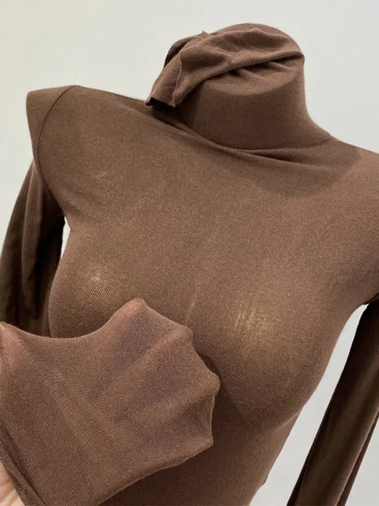 Color: green, Size: One Size - Thin Soft American Long Sleeve T-shirt High Stacked Neck Tight Perspective Bottom Shirt Women's Slim Fit Tops Sexy Streetwear