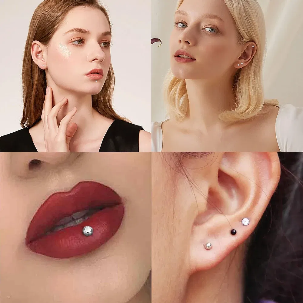 Metal color: Imitation Rhodium Plated, Ships From: CHINA, Main Stone Color: green - 10PCS G23 Titanium Labret Piercing Lip Ring 16G F136 Internal Thread Nose Stud Earring Tragus Helix Cartilage Piercing Jewelry