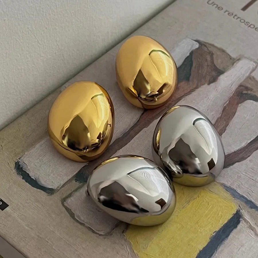 Metal Color: BRONZE - Hollow Oval Bean Shape Stud Earrings for Women Golden Silver Color Smooth Metal Earrings Simple Geometry Party Trendy Jewelry