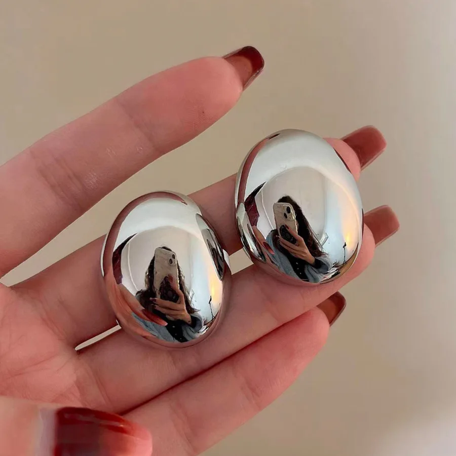 Metal Color: BRONZE - Hollow Oval Bean Shape Stud Earrings for Women Golden Silver Color Smooth Metal Earrings Simple Geometry Party Trendy Jewelry
