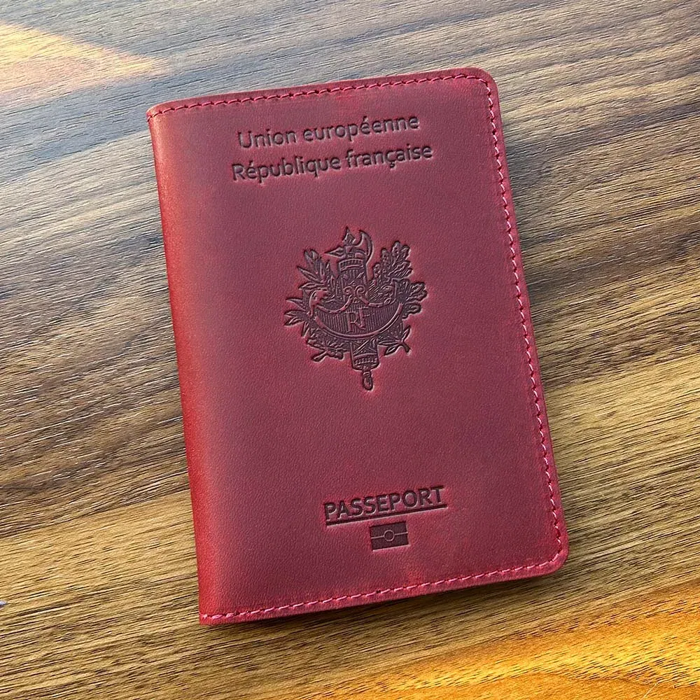Color: Brown - Francais Passport Cover Genuine Leather with Original French Logo | 100% Real Leather Travel Document Holder for Men Women Gift