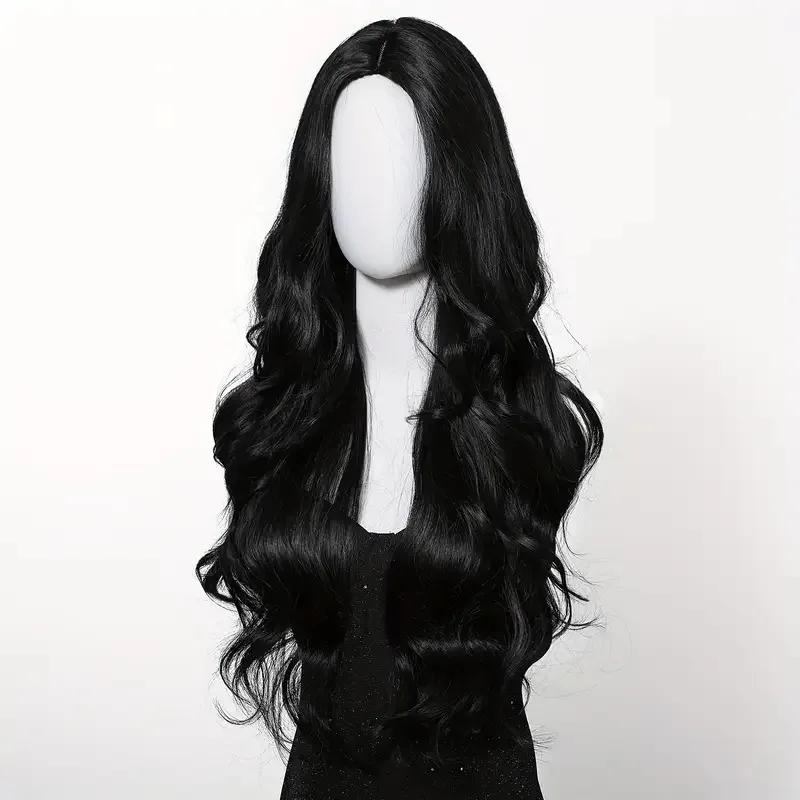 Color: #8 - Black synthetic wig with middle-parted long hair and big waves for party or daily use. High-temperature synthetic hair cap.
