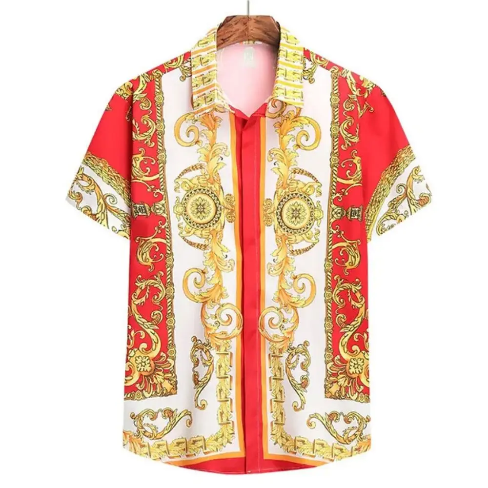 Color: black, Size: 5XL - Summer Fashion Men's Short Sleeve Casual Shirts Luxury Style Gold Printed Tops Everyday Casual Wear Men's Shirts Oversized Tops
