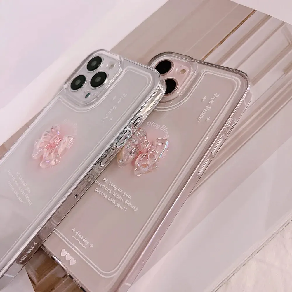 Material: ABS, Color: WHITE - NEW 3D Bow Transparent Mobile Phone Case For IPhone 15 14 Plus 13 Pro Max 12 Pro 11 Stereo Crystal Candy Cute Full Soft Cover