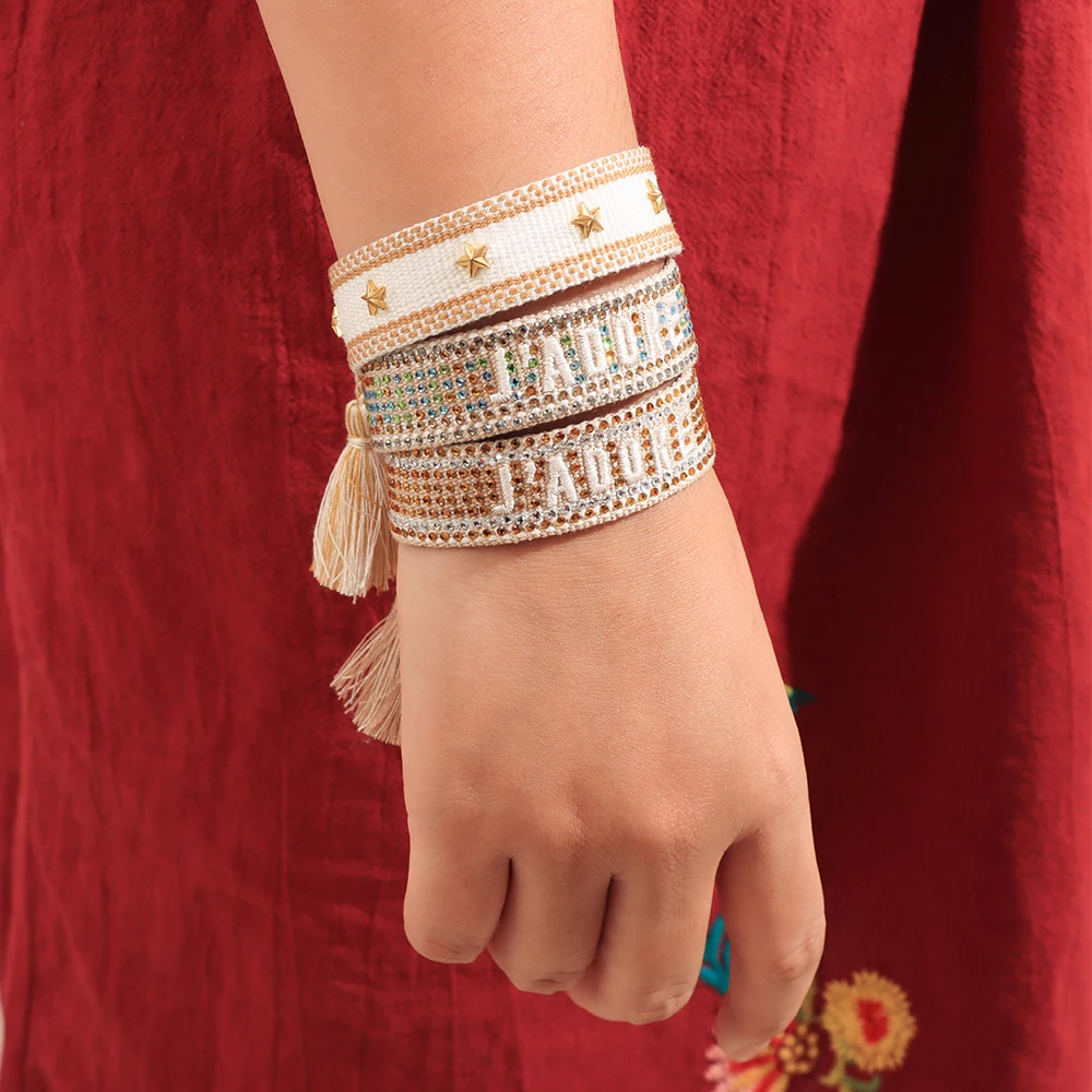 Metal Color: Titanium Plated - Bling Crystal Woven Friendship Bracelets Adjustable Rope Stackable Bangle For Women