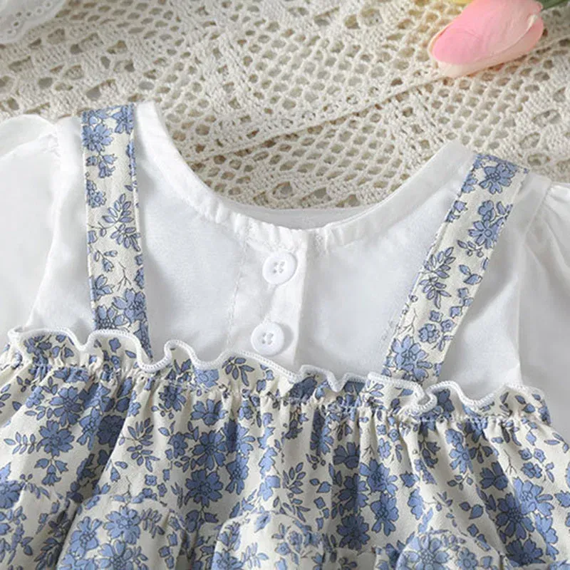 Color: Blue, Kid Size: 12M - Newborn Baby Girls Bodysuits+Hat Printing Stitching Cotton Long Sleeve Infant Baby Girls Jumpsuit Autumn Spring Baby Clothing
