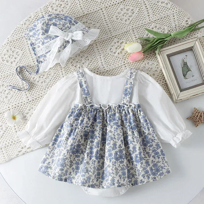 Color: Blue, Kid Size: 12M - Newborn Baby Girls Bodysuits+Hat Printing Stitching Cotton Long Sleeve Infant Baby Girls Jumpsuit Autumn Spring Baby Clothing
