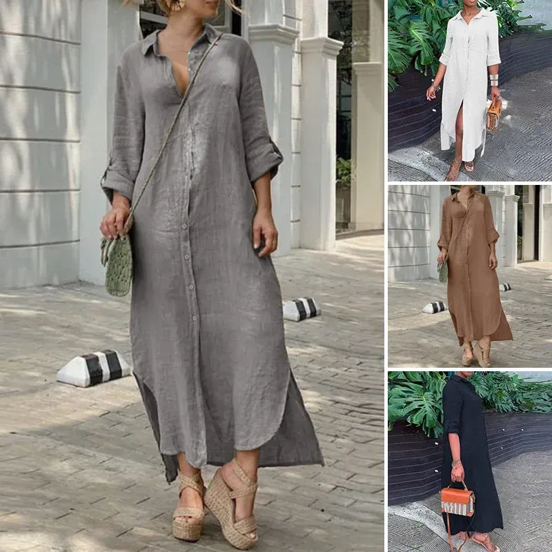 Color: GRAY, Size: L - Long Shirt Dress Women Autumn Cotton Linen Leisure Turn Down Collar Maxi Dresses Female Elegant Loose Beach Spring Vestidos
