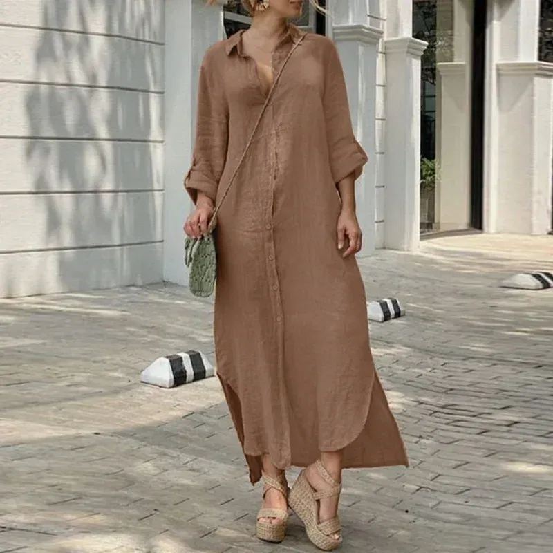 Color: GRAY, Size: L - Long Shirt Dress Women Autumn Cotton Linen Leisure Turn Down Collar Maxi Dresses Female Elegant Loose Beach Spring Vestidos