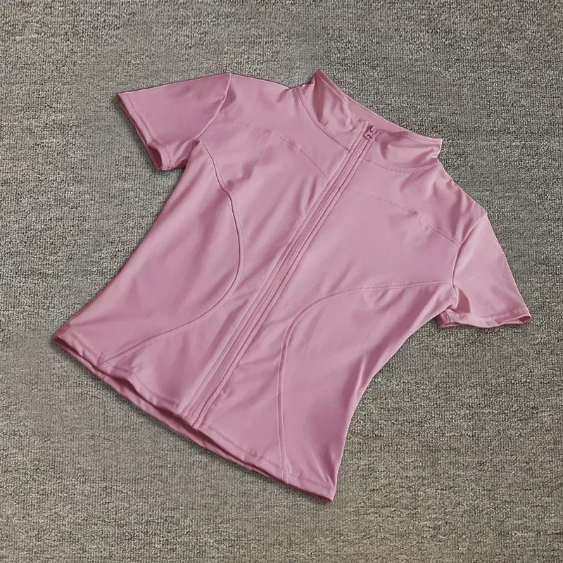 Color: black, Size: XL - Summer High Quality Waist Slimming Training Tops Women's Quick-drying Tight Stand Collar Full Zipper Short Sleeves Yoga shirts