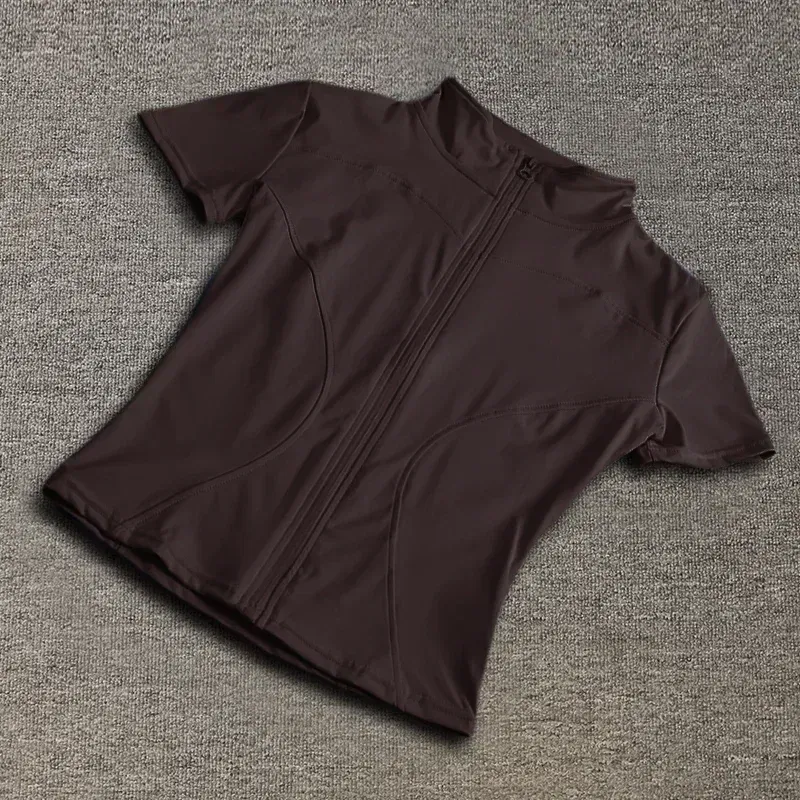 Color: black, Size: XL - Summer High Quality Waist Slimming Training Tops Women's Quick-drying Tight Stand Collar Full Zipper Short Sleeves Yoga shirts