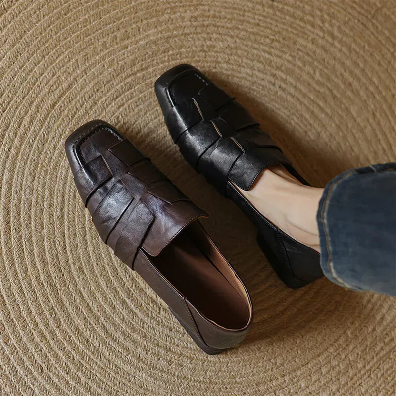 New Autumn Genuine Leather Women Pumps Fashion Square Toe Shoes for Women Chunky Heel Women Loafers Zapatos Mujer Low Heels