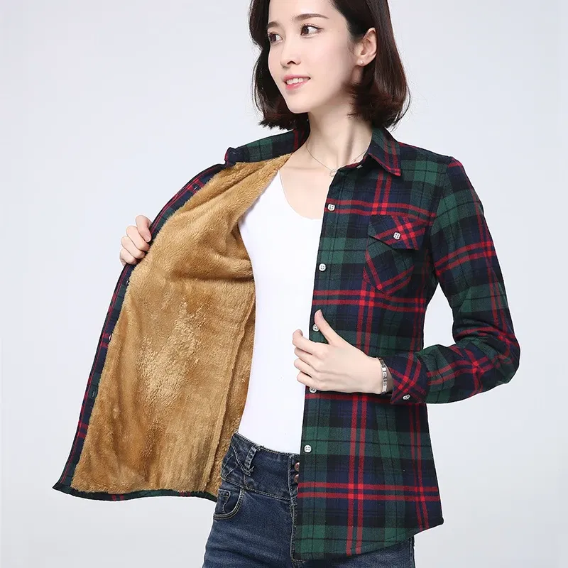 Color: GRAY, Size: XL - 2025 Winter New Women's Warm Plaid Shirt Coat Casual Fleece Velvet Plus Thicke Jacket Tops College Style Woman Clothes Outerwear