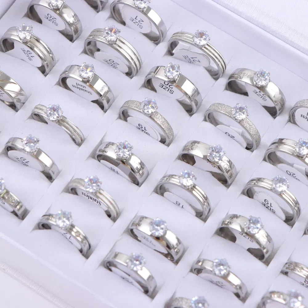 Main Stone Color: Green, Metal Color: Rhodium Plated, Ring Size: 17 - 10/20/30/50Pcs/Lot Fashion Elegant Inlaid Stainless Steel Ring With Rhinestone High-end Women's Proposal Engagement Jewelry Gift