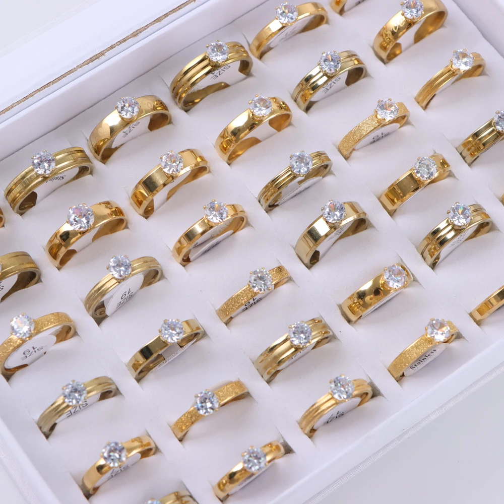 Main Stone Color: Green, Metal Color: Rhodium Plated, Ring Size: 17 - 10/20/30/50Pcs/Lot Fashion Elegant Inlaid Stainless Steel Ring With Rhinestone High-end Women's Proposal Engagement Jewelry Gift