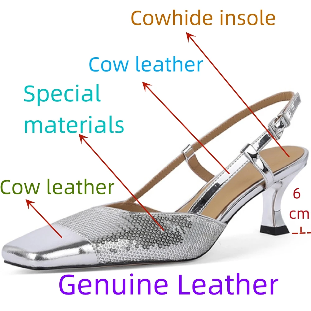 Color: Beige, Shoe Size: 37 - 【JOCHEBED HU?‘Sexy Genuine Leather Square Toe Women Sandals Thin High Heels Slingback Pumps Fashion Office Party Shoes 33-40