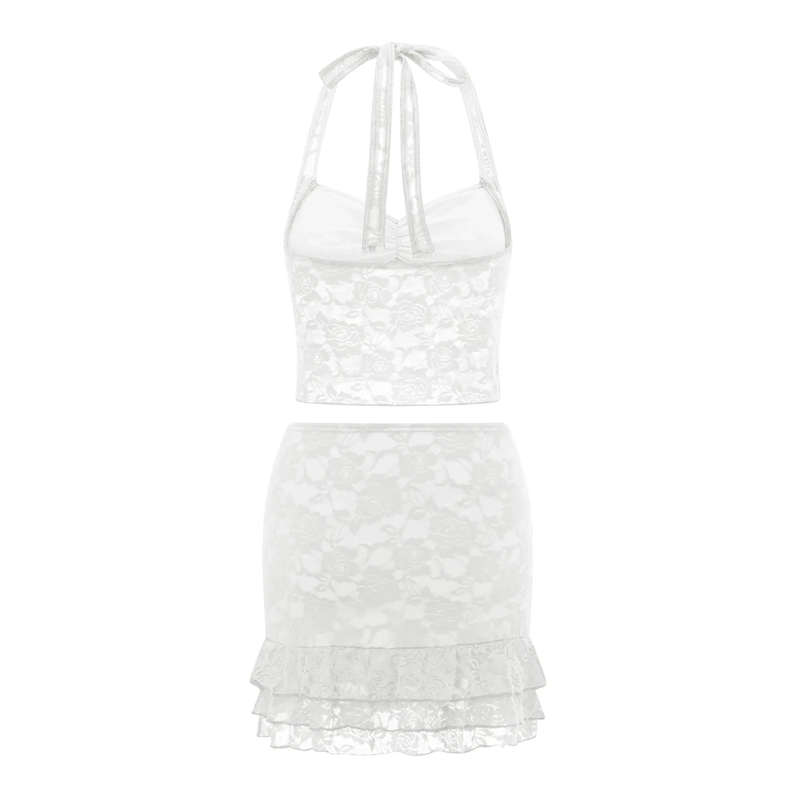 Color: WHITE, Size: XL - Women Summer Skirts Outfits Sexy Tie-Up Halter Neck Sleeveless Backless Lace Tank Tops Mini Skirts 2 Pieces Clothes Set Club