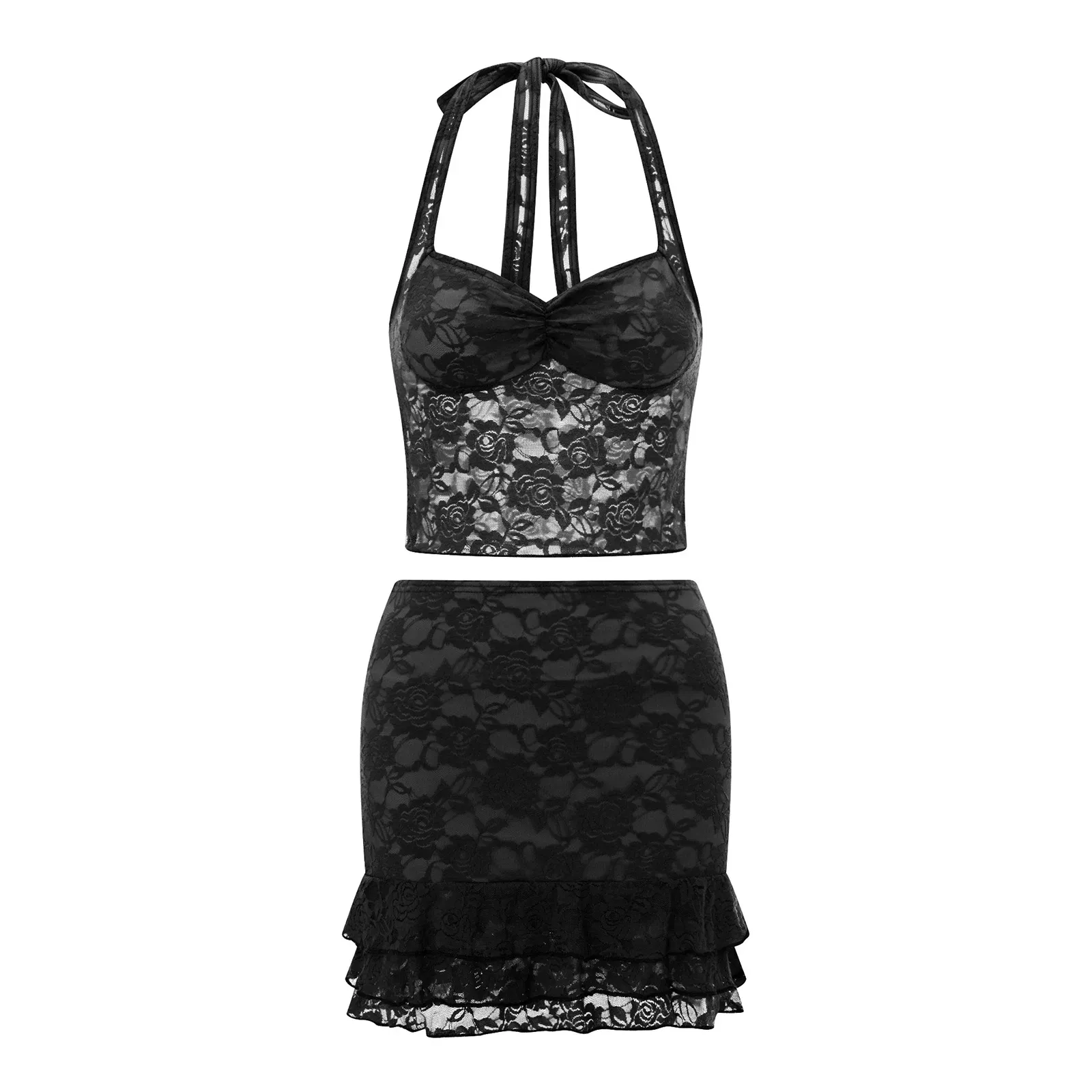 Color: WHITE, Size: XL - Women Summer Skirts Outfits Sexy Tie-Up Halter Neck Sleeveless Backless Lace Tank Tops Mini Skirts 2 Pieces Clothes Set Club