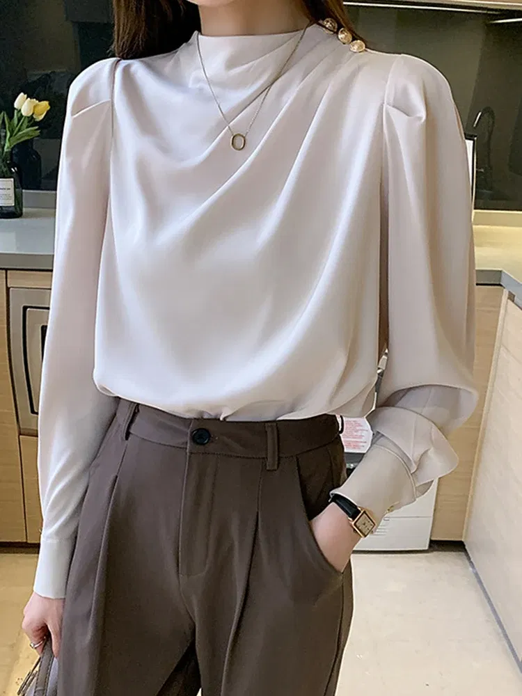 Color: Beige, Size: XXL, Ships From: CHINA - Spring Autumn Elegant Office Women Shirt Mujer Chic Satin Formal Lantern Sleeve Blouse Tops Loose Pullover Jumper Street Clothes