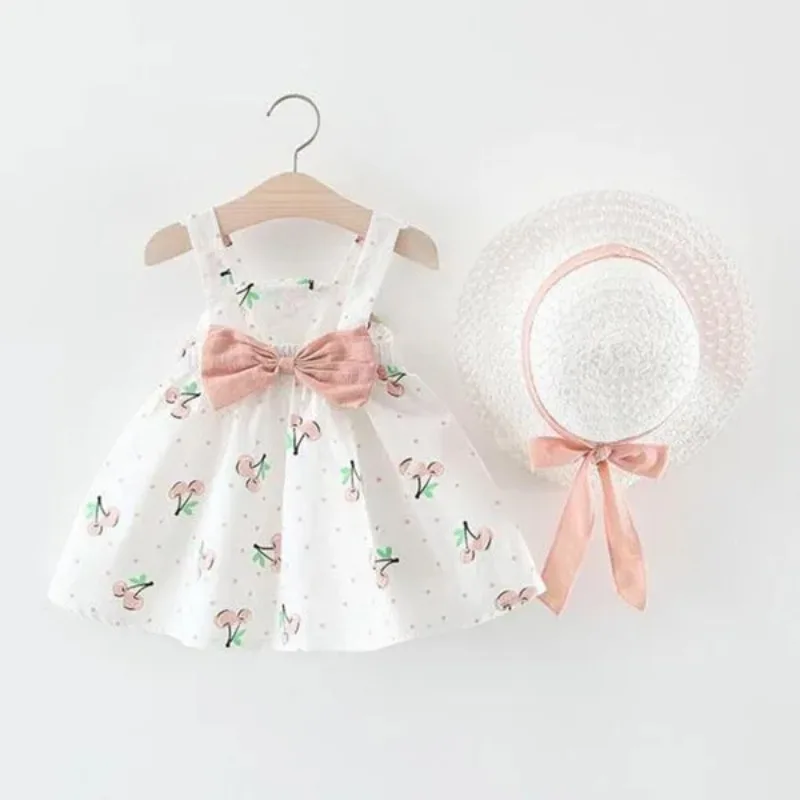 Color: Red, Kid Size: 12M - 1Pc Kids Girl Summer Sleeveless Dress Cute Print Bow Casual Dress with Straw Hat