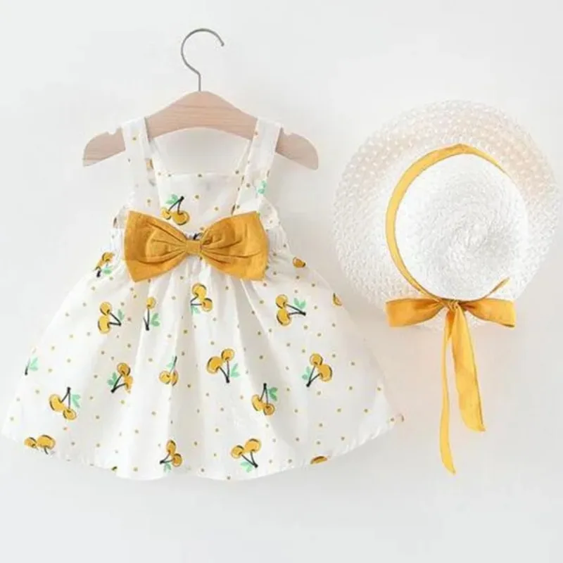 Color: Red, Kid Size: 12M - 1Pc Kids Girl Summer Sleeveless Dress Cute Print Bow Casual Dress with Straw Hat