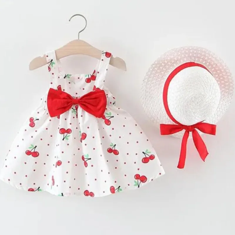 Color: Red, Kid Size: 12M - 1Pc Kids Girl Summer Sleeveless Dress Cute Print Bow Casual Dress with Straw Hat