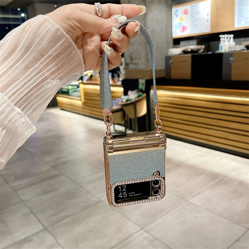 Color: Brown, Material: Cotton Fabric - For Samsung Galaxy Z Flip 6 5 4 3 Case 3D Jewelled Diamond Luxury Gradient Bling Glitter Wrist Strap Holder Tote Bags Cover