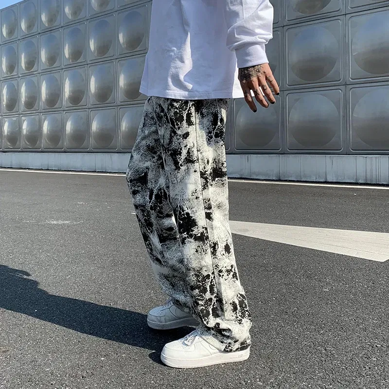 Color: black, Size: XXL - Printed jeans Unisex Elastic waist Spring 2025 Mopping Trousers Jeans Mens Fashion Korean Style High Street Loose Hip Hop Pants