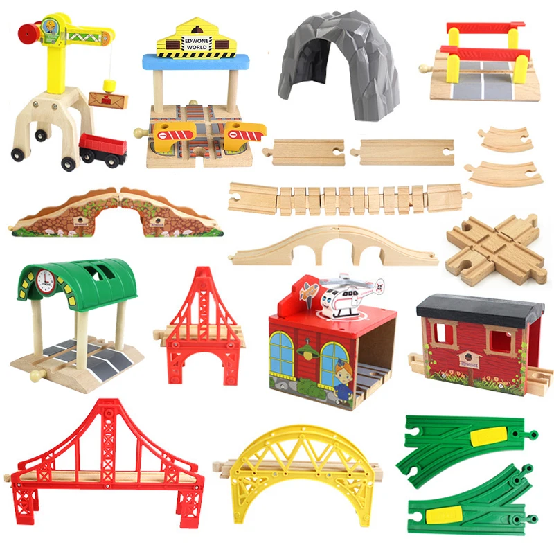 Color: Fluorescent Yellow - Wooden Bridge Tunnel Urban Rail Overpass Traffic Car Toy Scene Combined Train Rail Track Wooden Accessories Beech Turntable DIY