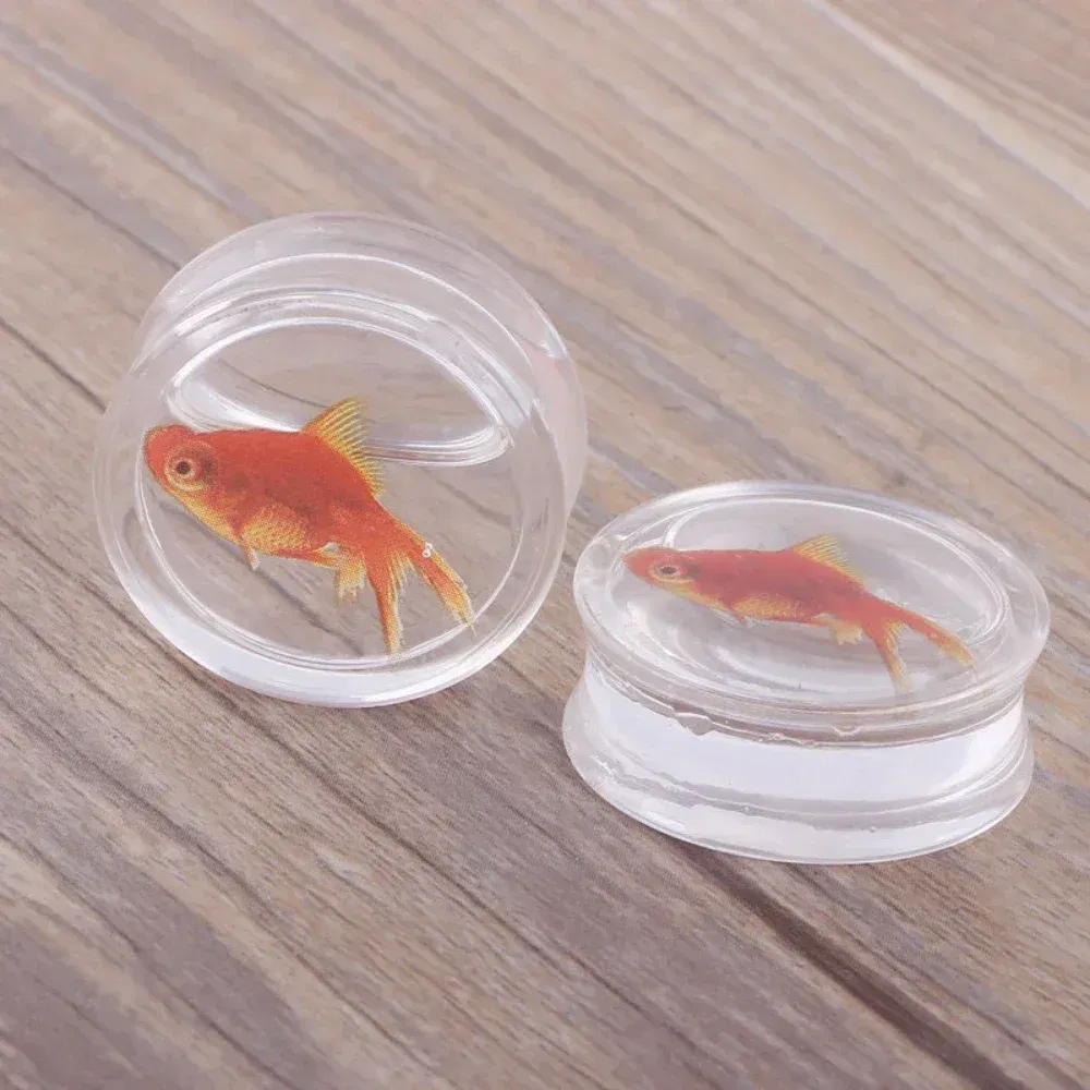 Metal color: Light Yellow Gold Color, Main Stone Color: Red - 2Pcs Acrylic Liquid Goldfish Ear Plug Double Flared Saddle Flesh Tunnel Gauge Stretcher 8mm-18mm