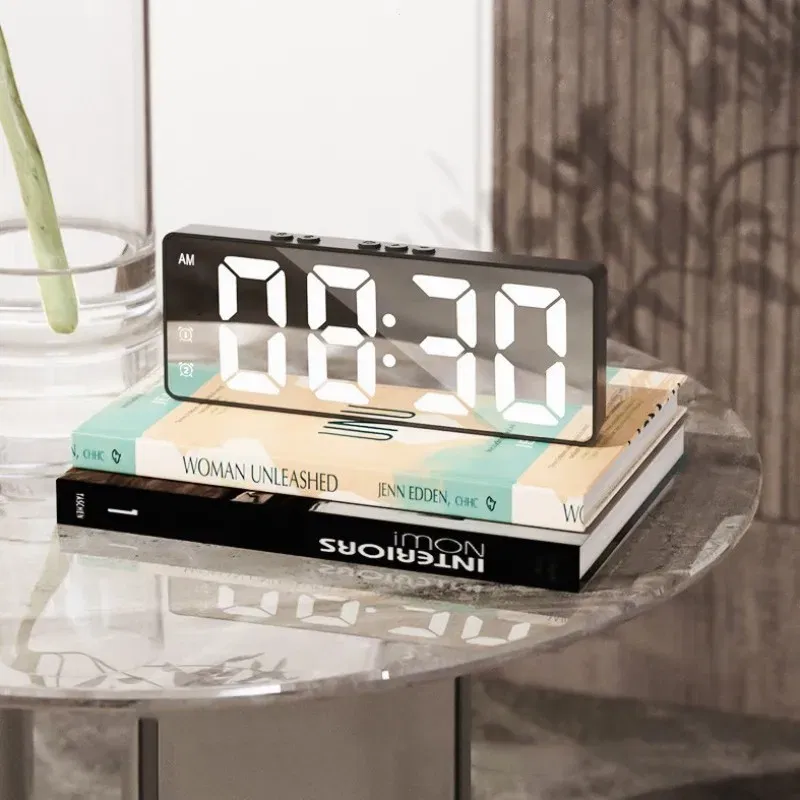 Color: black - LED Alarm Clock Electronic Student Digital Clock Voice Control Dual Snooze 12/24H Dual Alarms Temperature Mute Table Clock