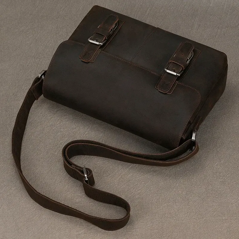 Color: Orange - Top Layer Cowhide Crazy Horse Leather 9.7 "iPad Leather Shoulder Bag Crossbody Handbag For Men Male Messenger Bag