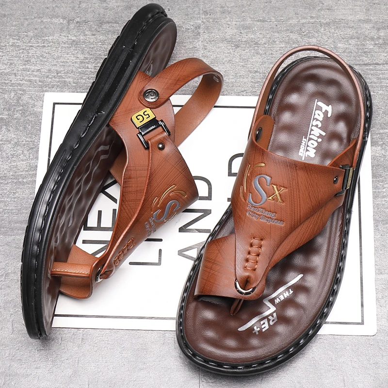 Color: Dark Khaki, Shoe Size: 42 - Outdoor Summer Men's Sandals Summer  Office  Shoes Non-Slip Mens Casual Sandalis Black