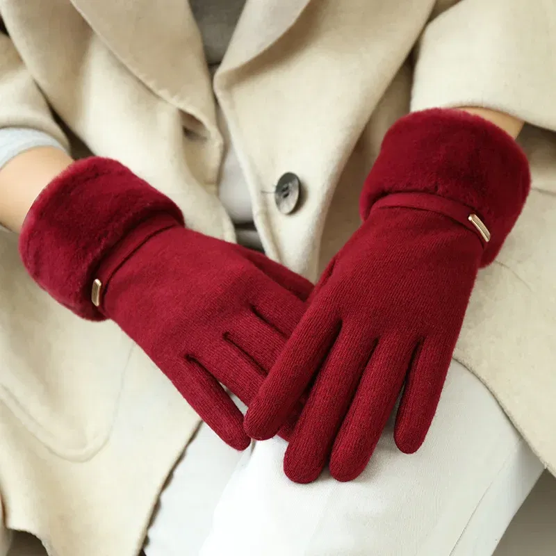 Color: Blue, Gloves Size: One Size - Winter Women Keep Warm Plus Velvet Touch Screen Thicken Plush Wrist Suede Gloves Fashion Personality Elegant Drive Cycling