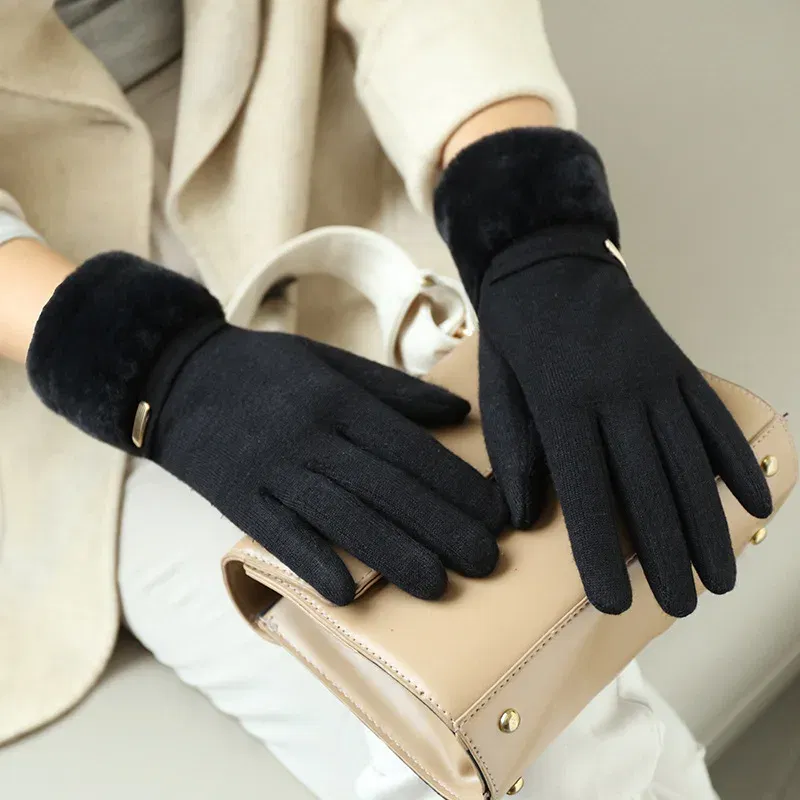 Color: Blue, Gloves Size: One Size - Winter Women Keep Warm Plus Velvet Touch Screen Thicken Plush Wrist Suede Gloves Fashion Personality Elegant Drive Cycling