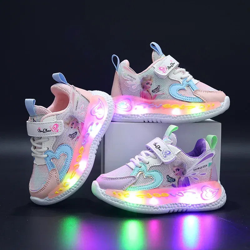 Color: Pink, Shoe Size: 9 - Disney Children Led Shoes Kids Girls Sneakers Frozen Elsa Princess Lighting Shoes Pink Purple Casual Sports Shoes Size 21-31