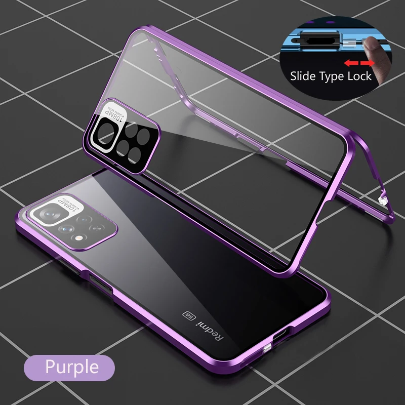 Color: PURPLE, Bundle: Case & Screen Protector, Material: CANVAS - Full Protection Case Metal Magnetic Double Sided Glass Snap Lock Case For XiaoMi Redmi Note 13 Pro Plus 5G Bumper Phone Cover