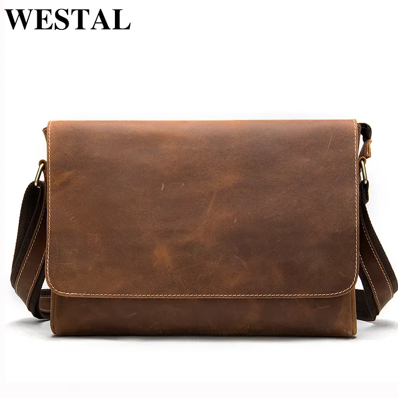 Color: Yellow, Ships From: CHINA - WESTAL Crazy Horse Leather Men's Briefcases Laptop Bag Office Bags for Men Cover Messenger Bags Men's Leather Bag Computer Bags