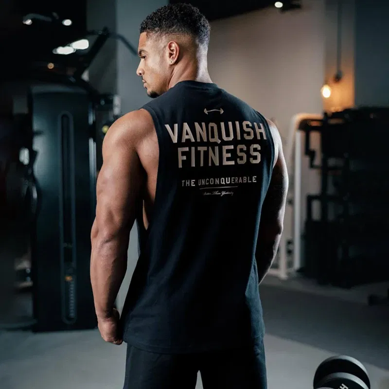 Color: black, Size: XXL - Gym exercise fitness sports men's vest cotton wide shoulder round neck sleeveless shirt slim casual men's wear
