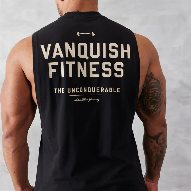 Color: black, Size: XXL - Gym exercise fitness sports men's vest cotton wide shoulder round neck sleeveless shirt slim casual men's wear