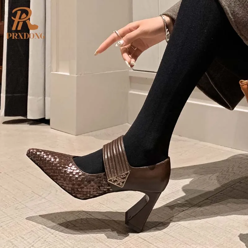 Color: black, Shoe Size: 37 - PRXDONG Genuine Leather Women Pumps 2025 New Spring Summer High Heels Pointed toe Black Brown Dress Party Female Shoes Size 40