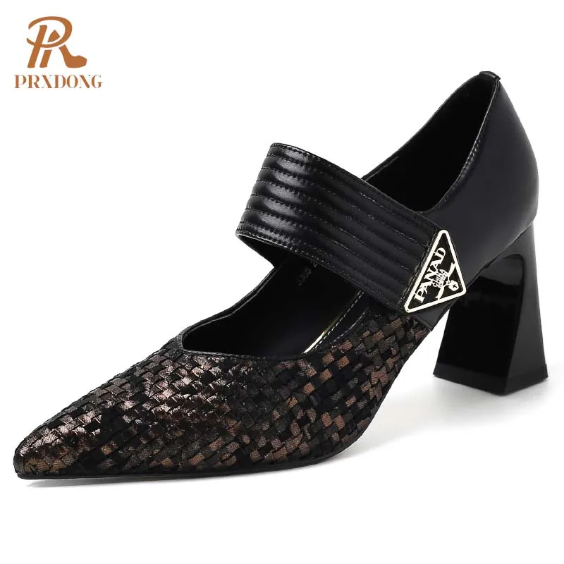 Color: black, Shoe Size: 37 - PRXDONG Genuine Leather Women Pumps 2025 New Spring Summer High Heels Pointed toe Black Brown Dress Party Female Shoes Size 40